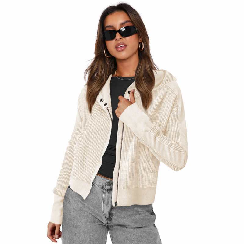 Beige Ribbed Hooded Zip Up Sweater Jacket, Heyang Industrial Co., Ltd