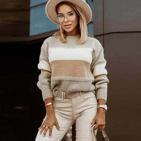 Beige Striped Knitted Sweater - A.A.Y FASHION