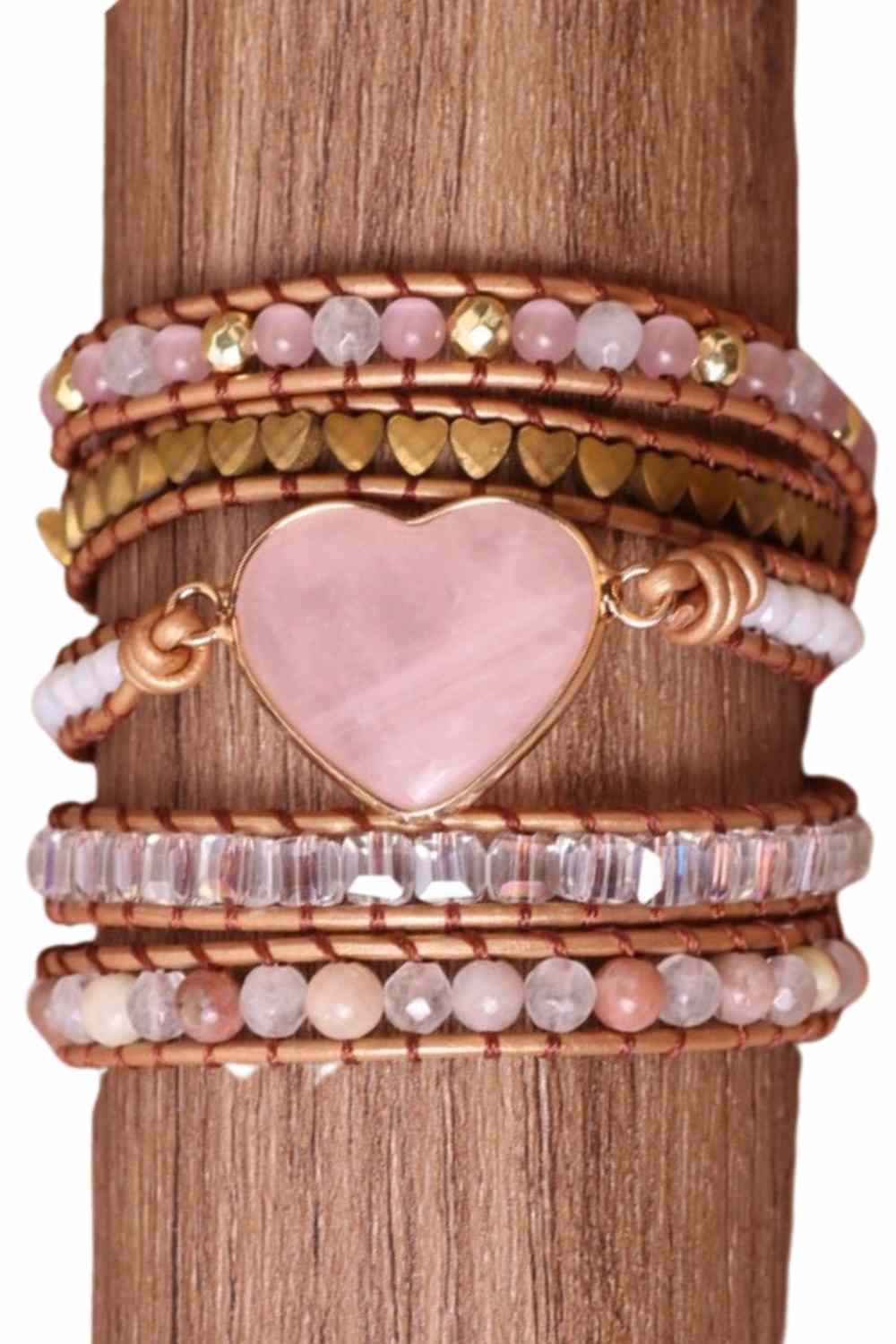 Boho Handmade Natural Stone Crystal Heart Leather Beaded Wrap Bracelet, Yiwu Cujia Trade Co., Ltd
