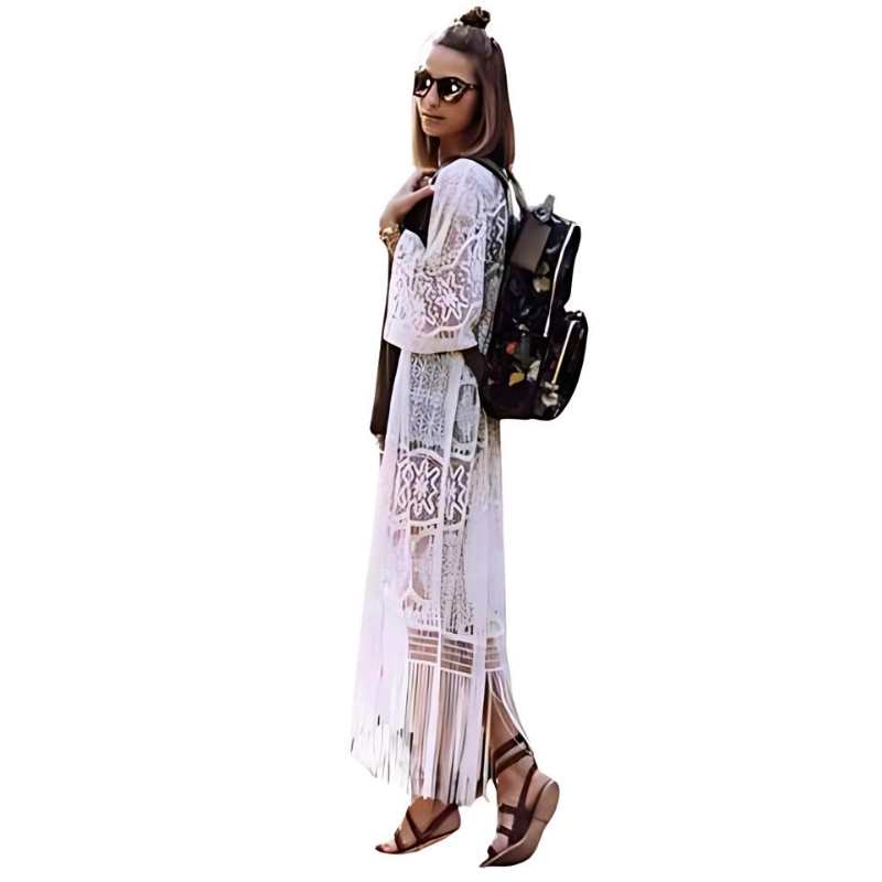 Women's White Lace Long Open Front Kimono - A.A.Y FASHION