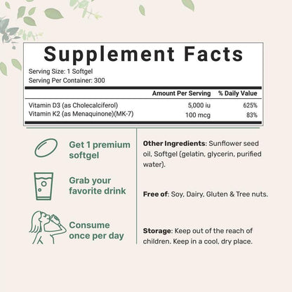 2-in-1 Vitamin D3 + K2 Complex  300 Softgels