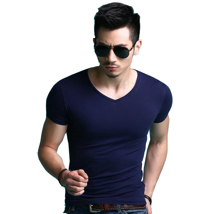 Men's solid blue color basic  v-neck  T-shirt - A.A.Y FASHION