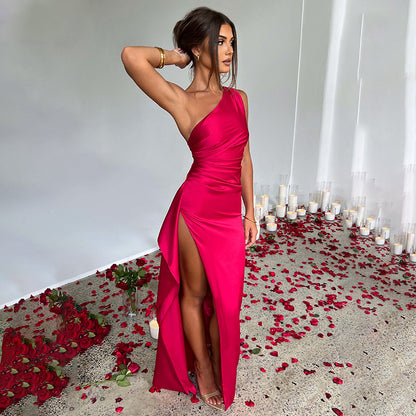 Women Satin Sleeveless Off Shoulder Split Evening Cocktail Long Dress