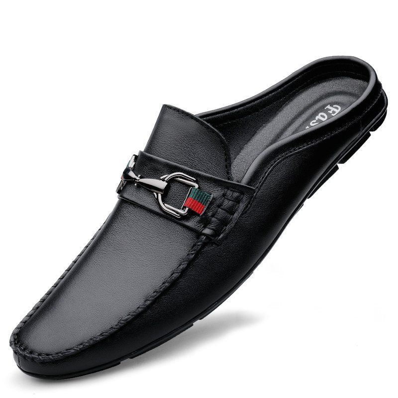 Black Leather Loafers Slip-on Mules Men - A.A.Y FASHION