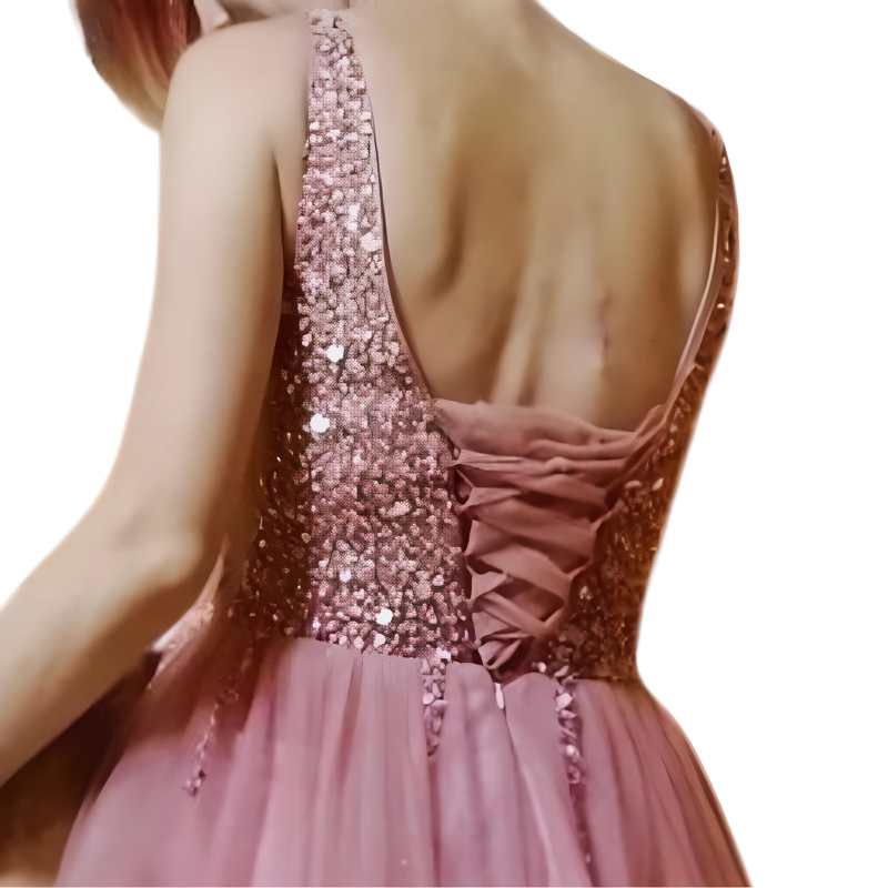 Women's A-line Floor-Length Pink Evening Dress With Beading Sequins - A.A.Y FASHION