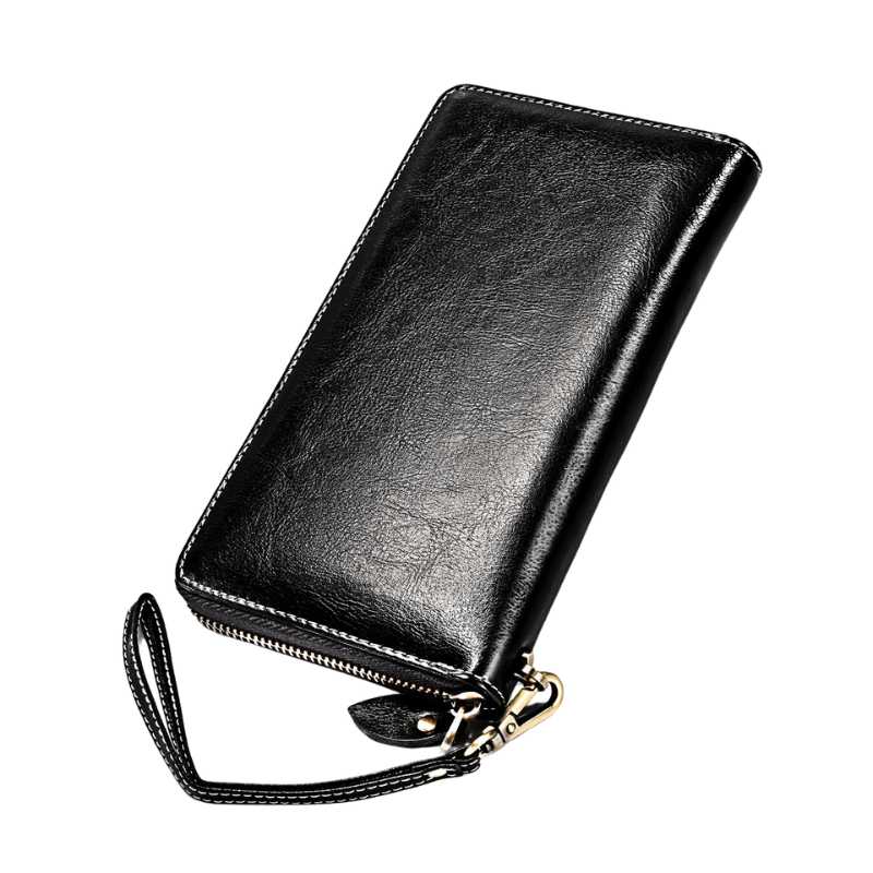 Black Genuine Leather Long Zipper Wallet for men and women