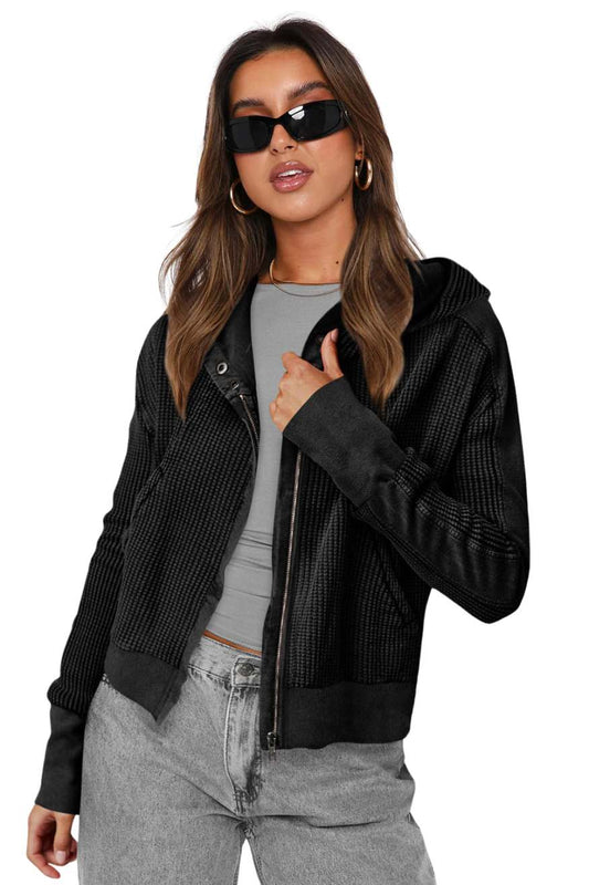 A.A.Y - Black Ribbed Zip Up Hooded Cardigan