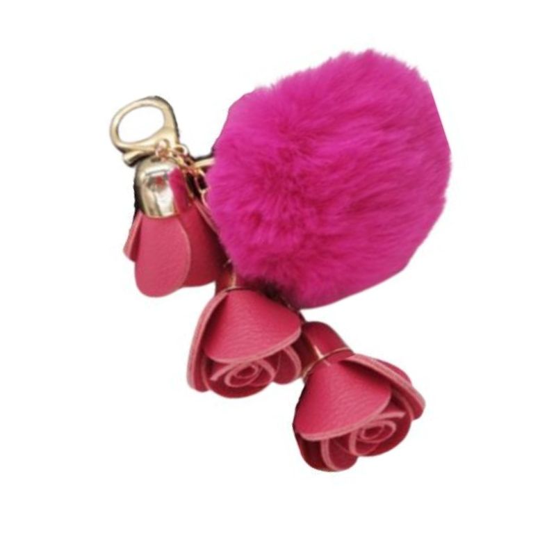 Pink Pompom Rose Pendant Keychain