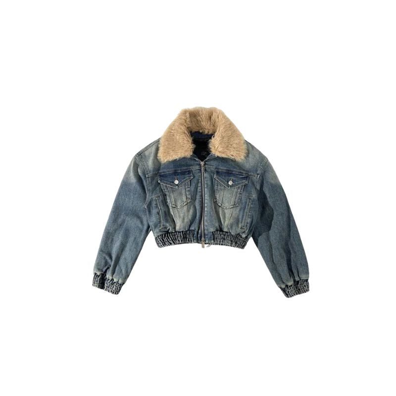 A.A.Y - Short Denim Zipper Jacket Detachable Faux Fur Collar