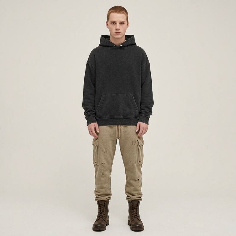 A.A.Y CORE Men’s Heavyweight Distressed Hoodie – Black Acid‑Washed Pullover, PODpartner