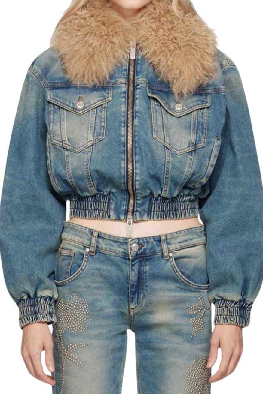 Short Denim Zipper Jacket Detachable Faux Fur Collar