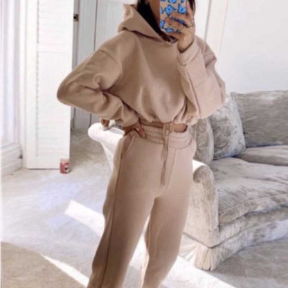 Khaki  Crop Hoodie Jogger Pant Set  - A.A.Y FASHION