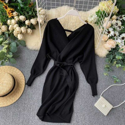 Black Knitted Wrap Dress - A.A.Y FASHION