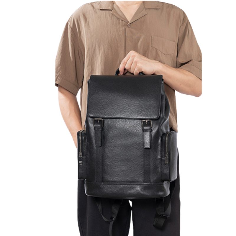 Black Premium Leather Laptop Backpack, BuckyDrop