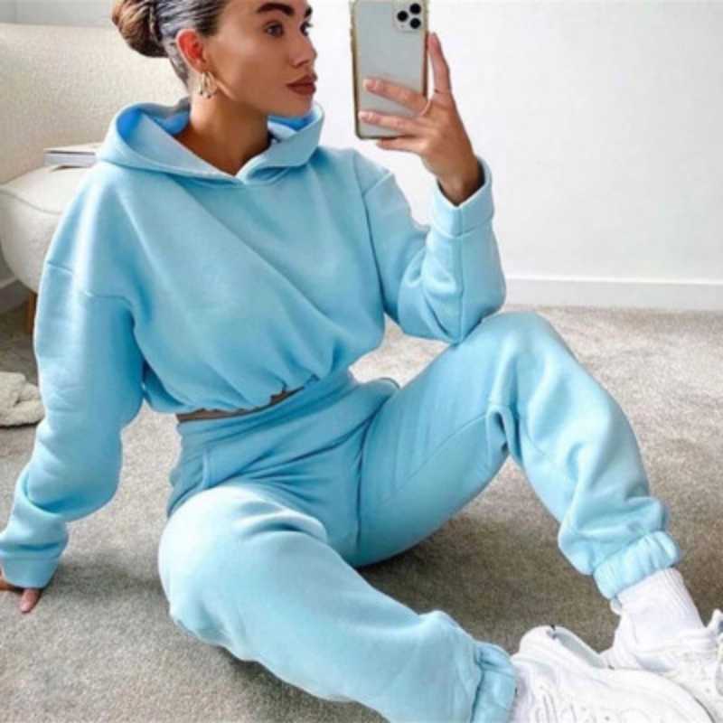 Blue  Crop Hoodie Jogger Pant Set  - A.A.Y FASHION