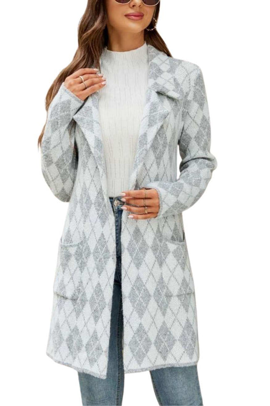 Checked Collared Knit Trench Cardigan Coat, Yiwu Cujia Trade Co., Ltd