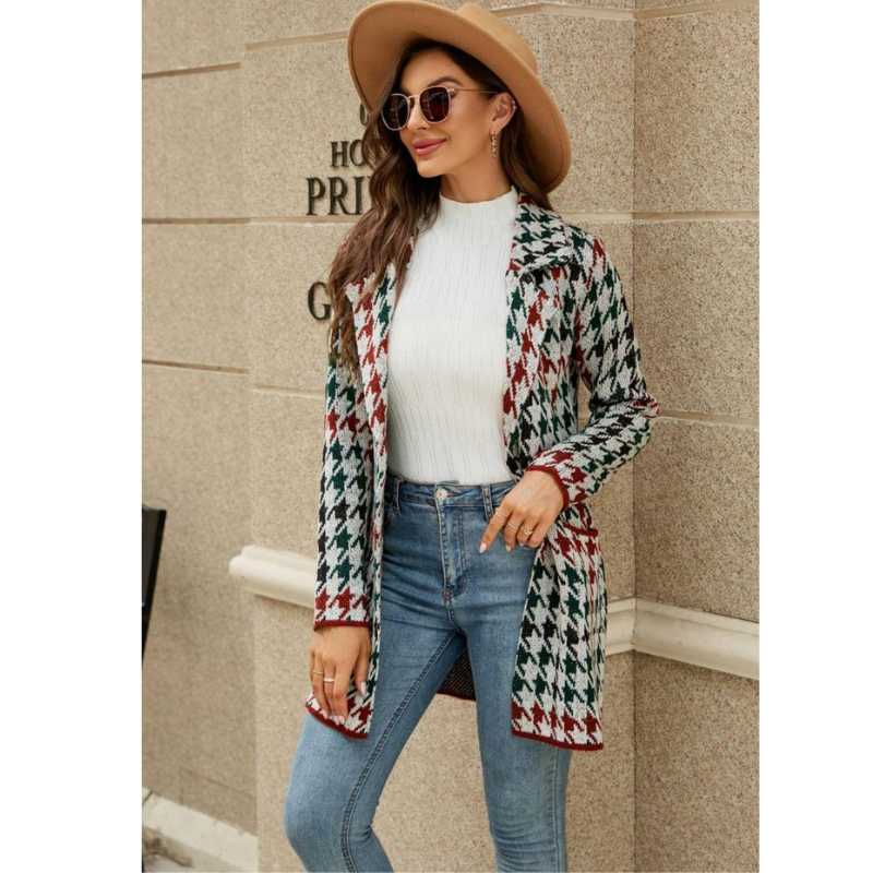 Checked Collared Knit Trench Cardigan Coat, Yiwu Cujia Trade Co., Ltd