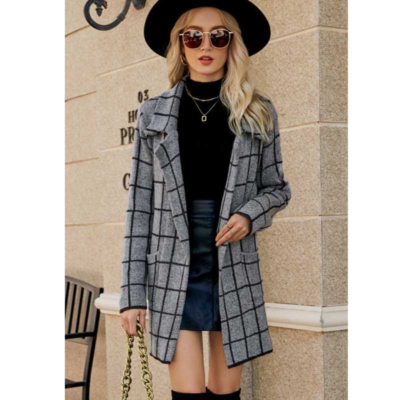 Checked Collared Knit Trench Cardigan Coat, Yiwu Cujia Trade Co., Ltd
