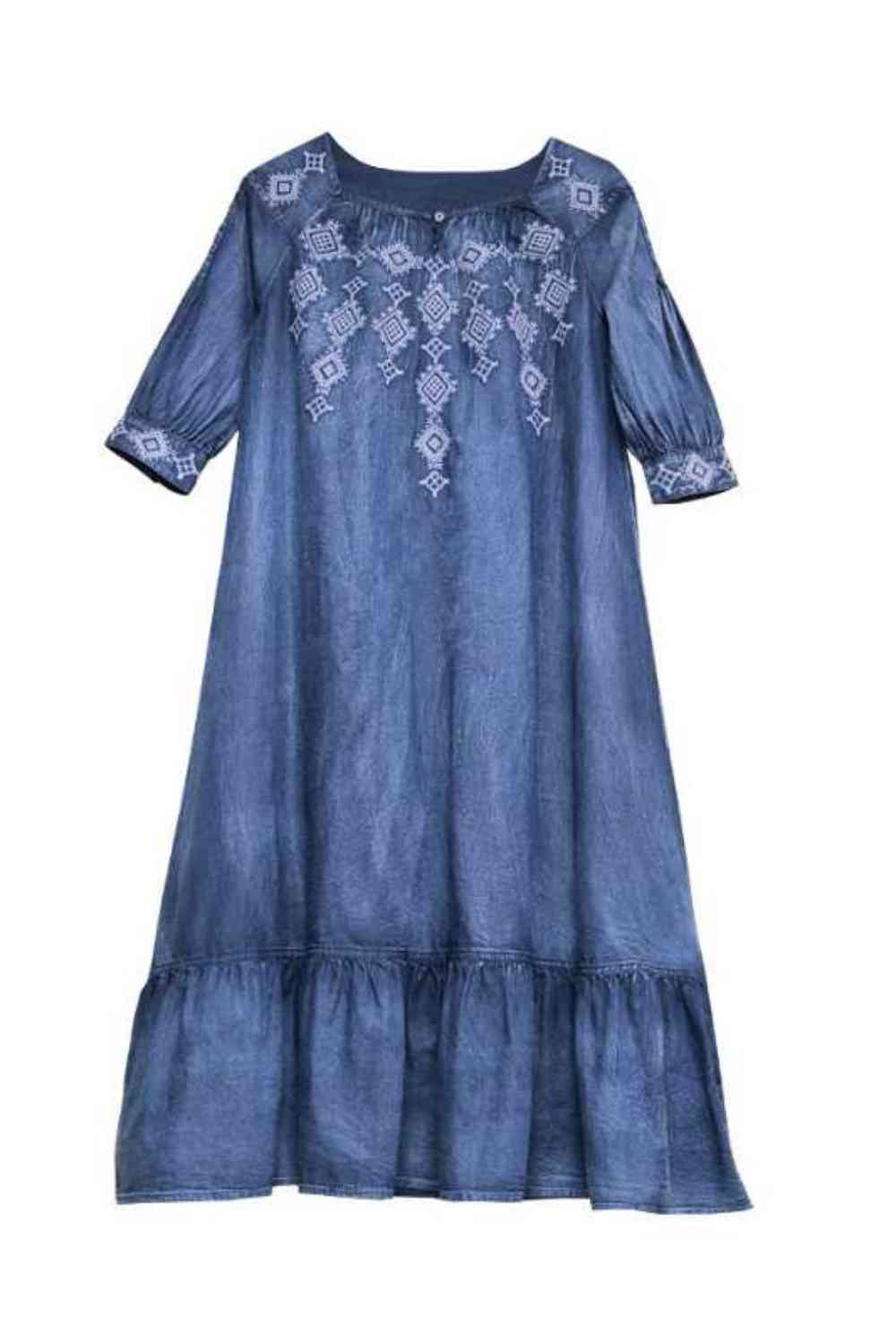 Denim Long Dress Loose Embroidery Long Skirt - A.A.Y FASHION