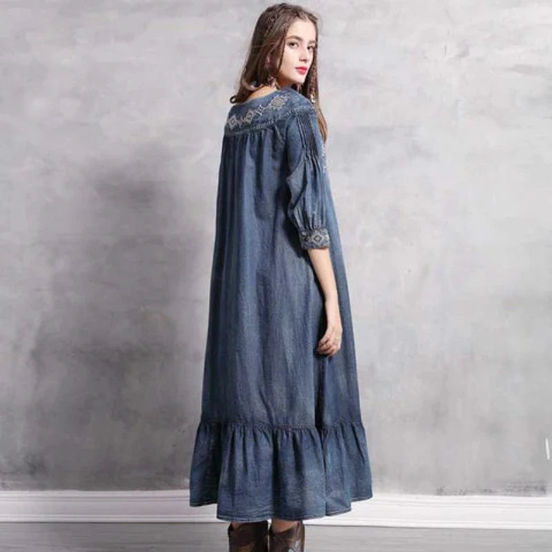 Women's Denim Long Dress Loose Embroidery Long Skirt - A.A.Y FASHION