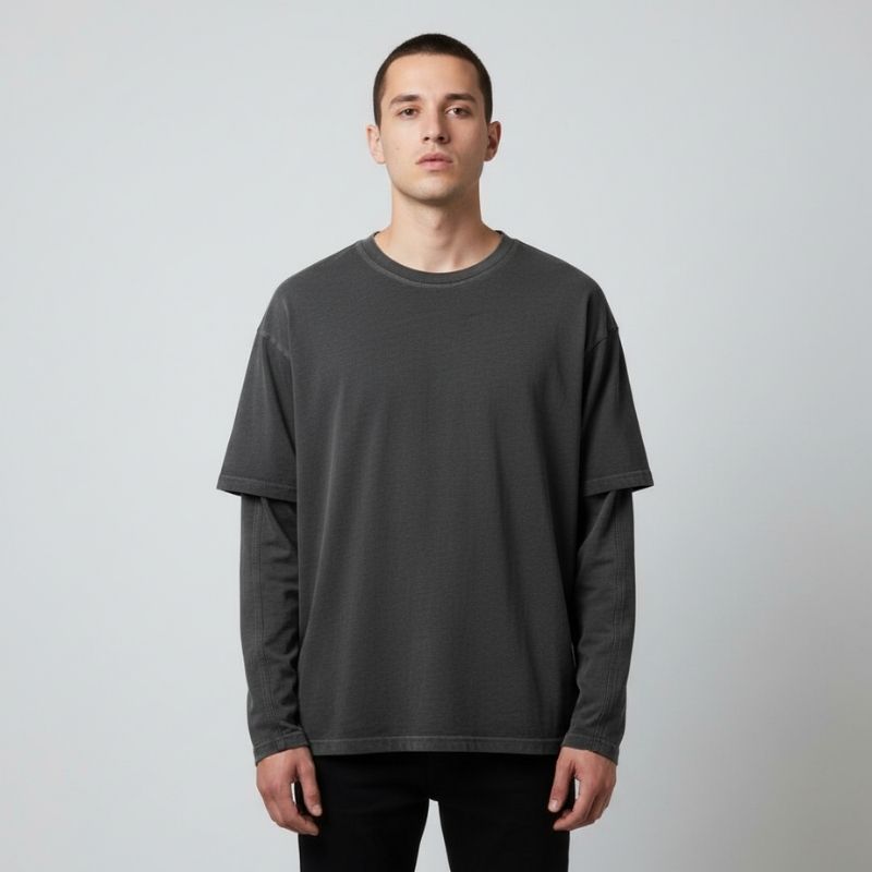 Fake Two-Piece Crewneck Tee Urban Layered Longsleeve Pullover, PODpartner