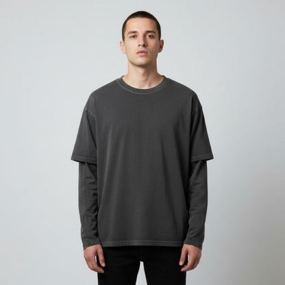 Fake Two-Piece Crewneck Tee Urban Layered Longsleeve Pullover, PODpartner