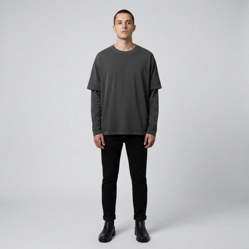 Fake Two-Piece Crewneck Tee Urban Layered Longsleeve Pullover, PODpartner