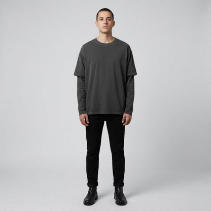 Fake Two-Piece Crewneck Tee Urban Layered Longsleeve Pullover, PODpartner