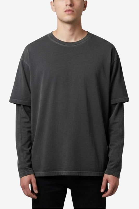 Fake Two-Piece Crewneck Tee Urban Layered Longsleeve Pullover, PODpartner