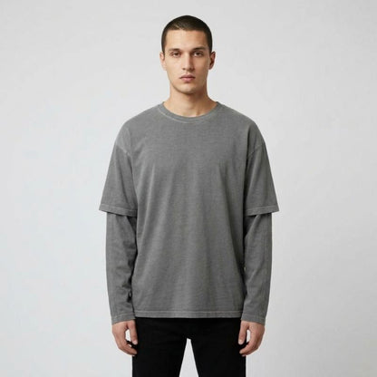 Fake Two-Piece Crewneck Tee Urban Layered Longsleeve Pullover, PODpartner