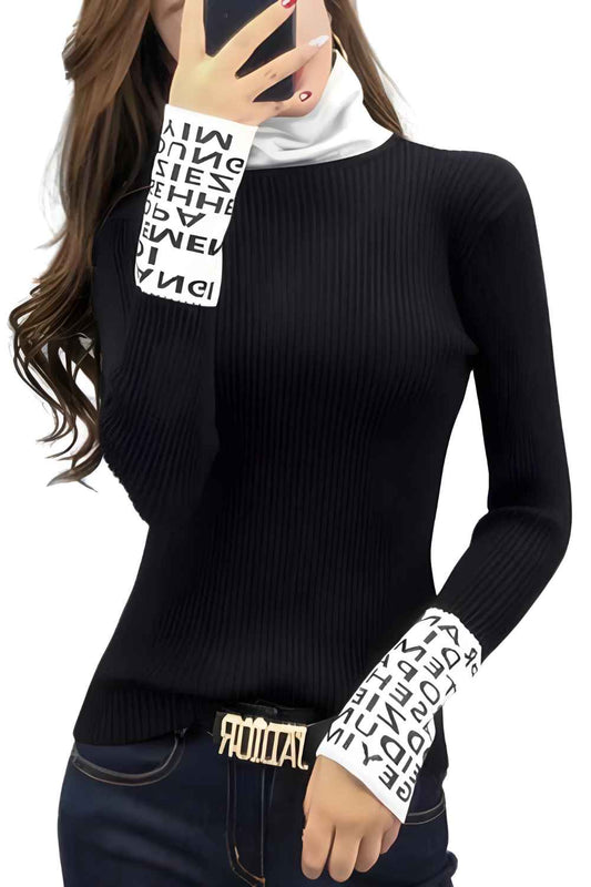 Fancy Knit Black Turtleneck Women Sweater