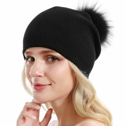 Fur Pom Pom Beanie Hat - Knitted Wool Winter and Autumn Casual Style - A.A.Y FASHION