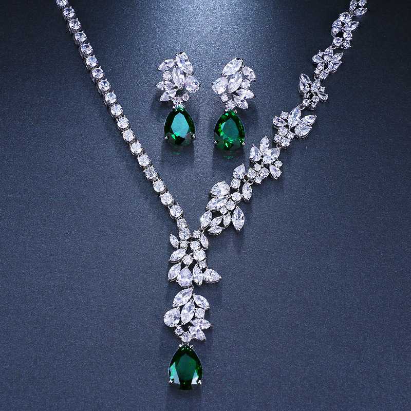 Green Zircon Crystals Earrings & Necklace Set - A.A.Y FASHION