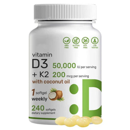 High-Potency Vitamin D3 with K2 MK7 – 240 Softgels D3 K2 Soft Capsules 10.000 IU