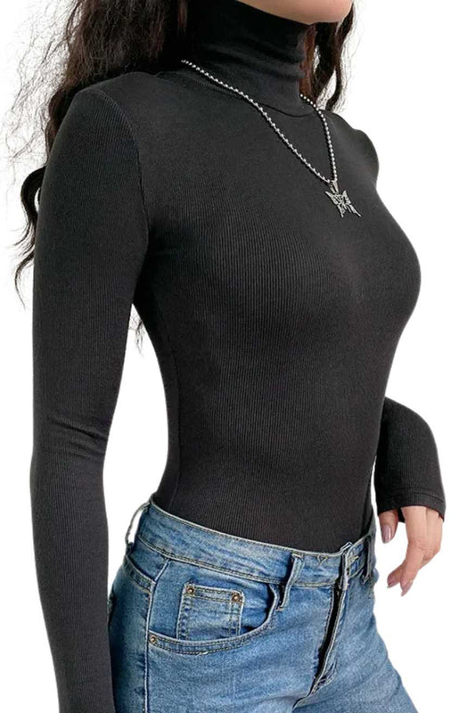 High Neck Long Sleeve Bodysuit in Black