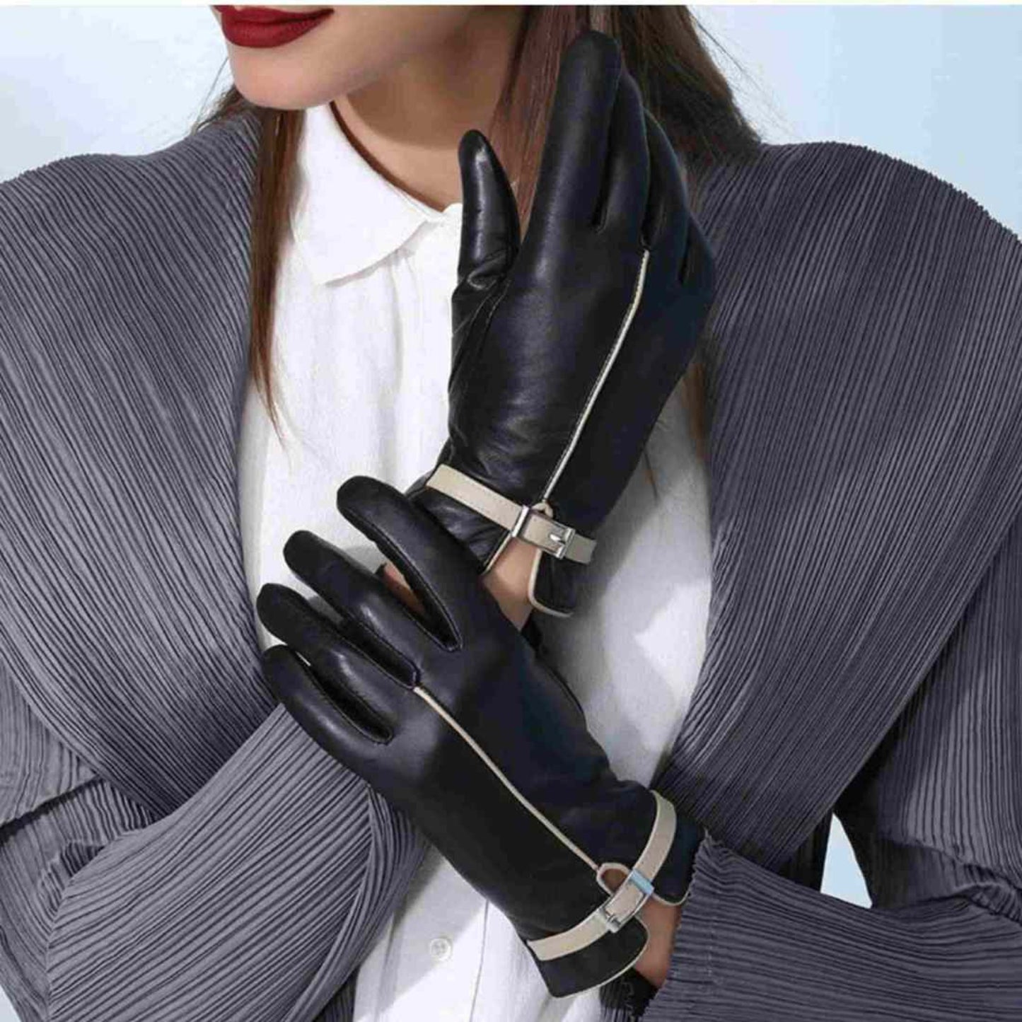 Ladies Leather Gloves - Black - Stripes - Sheepskin - A.A.Y FASHION