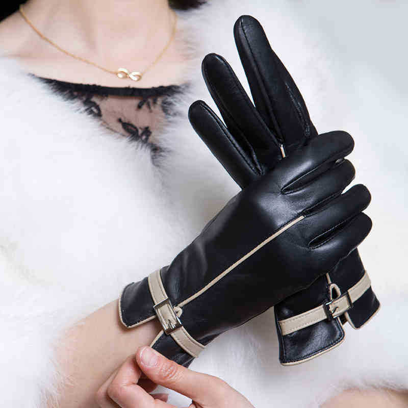 Ladies Leather Gloves - Black - Stripes - Sheepskin - Keep Warm - A.A.Y FASHION