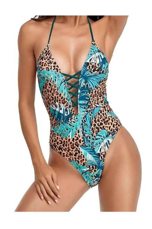 Leopard Lace Up Swimsuit Ladies Swimwear  - A.A.Y FASHION