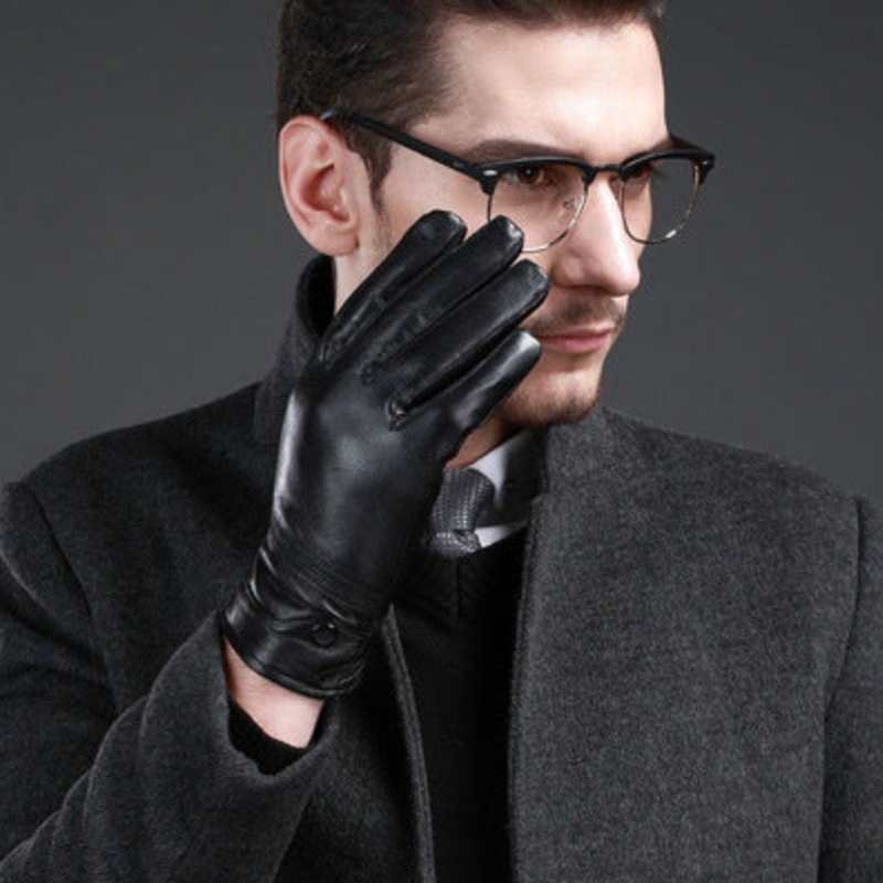 Men's Black Leather Gloves with Sheepskin Lining - Keep Warm - A.A.Y FASHION"