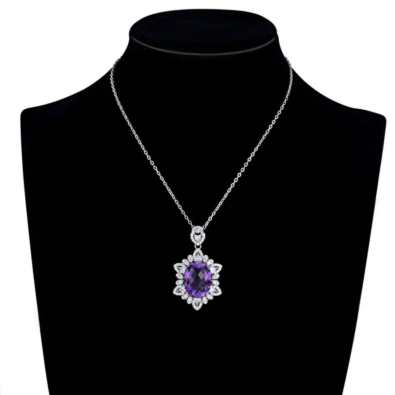 Womens Natural Amethyst Necklace  in 925 Sterling Silver - Elegant - Silver/Purple - A.A.Y FASHION