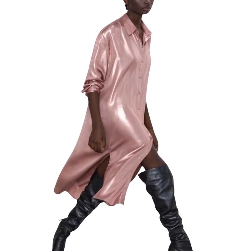 Oversized Shirt-Dress Pink Satin Metallic - A.A.Y FASHION