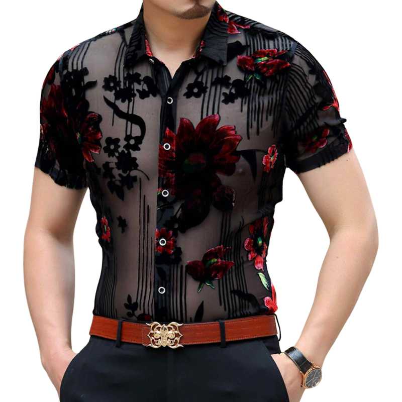 Party Shirt Men's Lace Flower Short Sleeve Velvet Shirt - A.A.Y FASHION