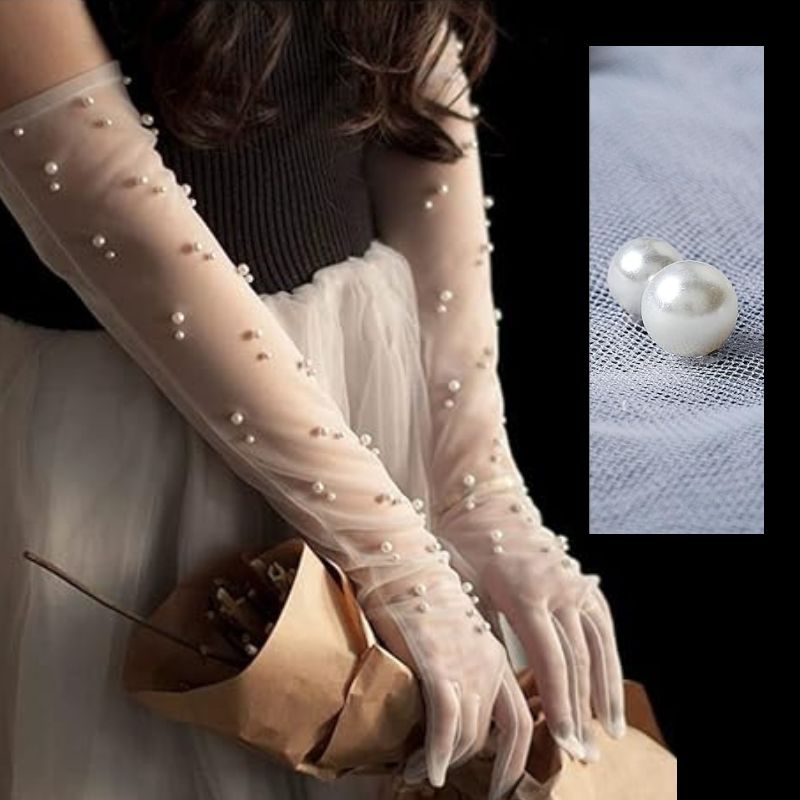 Pearl Long Tulle Evening Party Sheer Gloves