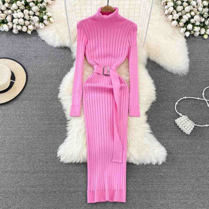 Women's Turtleneck Pink Knitted Midi Dress - Long Sleeve, Slim Solid Elastic - A.A.Y FASHION