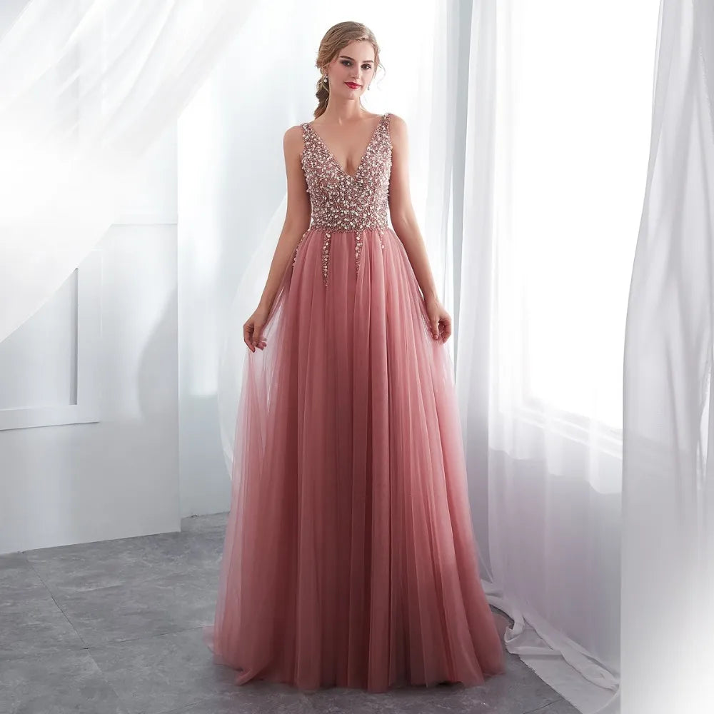 Prom Evening Dress Pink A-Line Beading Sequins