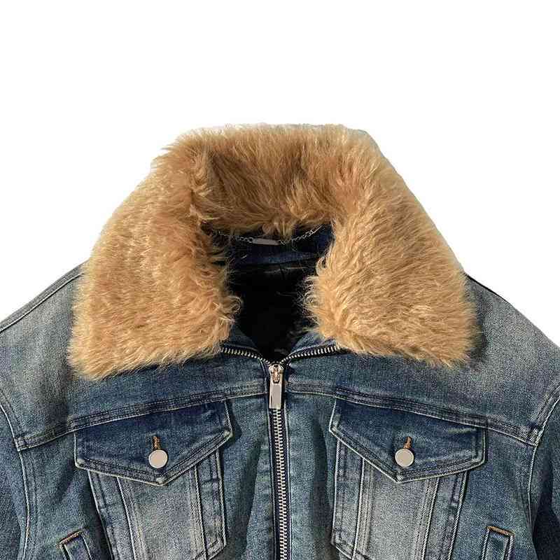 Women's Short Denim Zipper Jacket Detachable Faux Fur Collar - A.A.Y FASHION