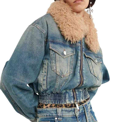 Women's Short Denim Zipper Jacket Detachable Faux Fur Collar - A.A.Y FASHION