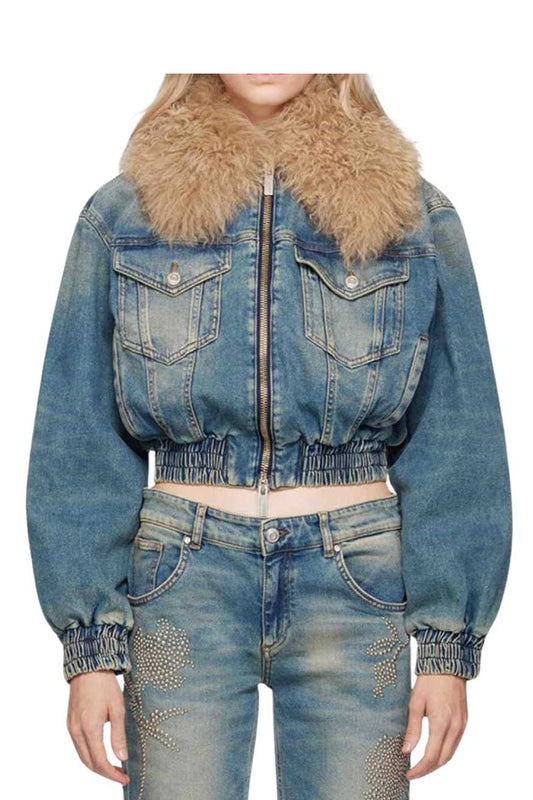 AShort Denim Zipper Jacket Detachable Faux Fur Collar