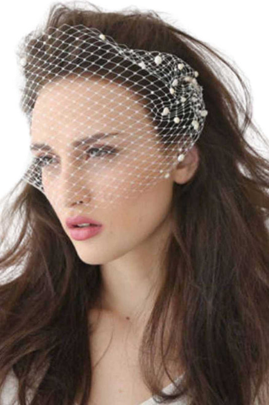 Short Veil Pearl Embellished Brides Headpiece - A.A.Y FASHION