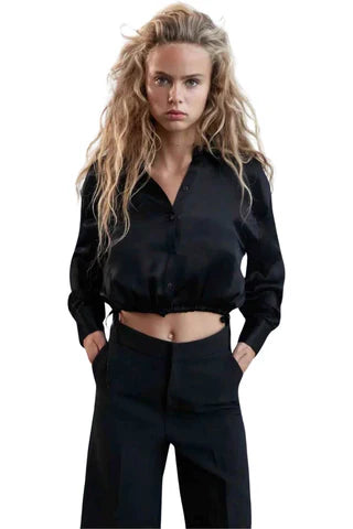 Silk Drape Blouse Black Long Sleeve Shirt 